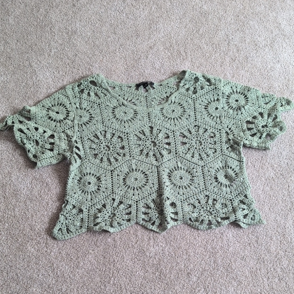 Green Cropped Boxy Blouse with Embellished Design